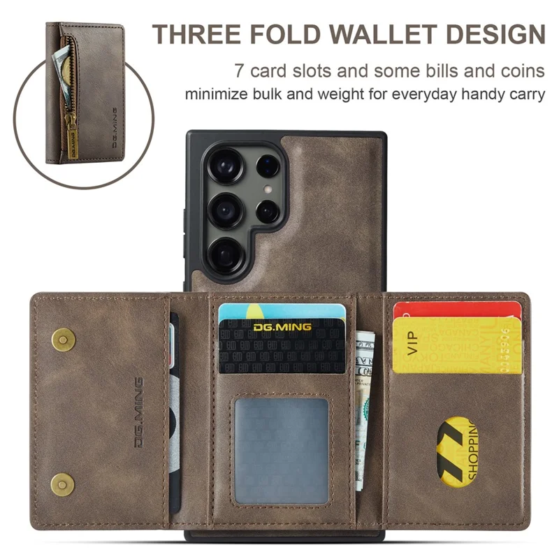 DG.MING Serie M5 para Samsung Galaxy S24 Funda de teléfono de cuero Tapa de cartera desmontable magnética - Café 