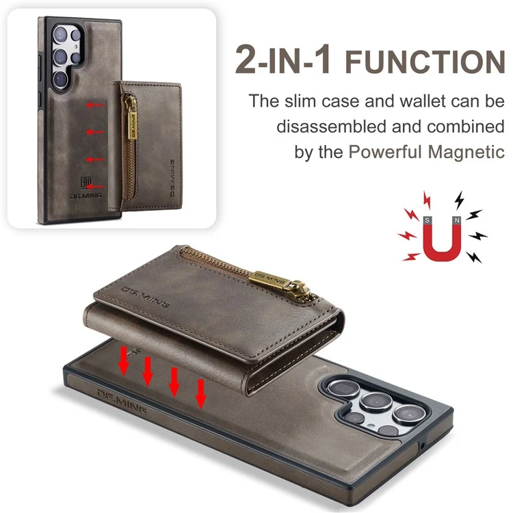 DG.MING M5 Series For Samsung Galaxy S24+ Wallet Case 2-in-1 Detachable Leather Phone Cover - Coffee