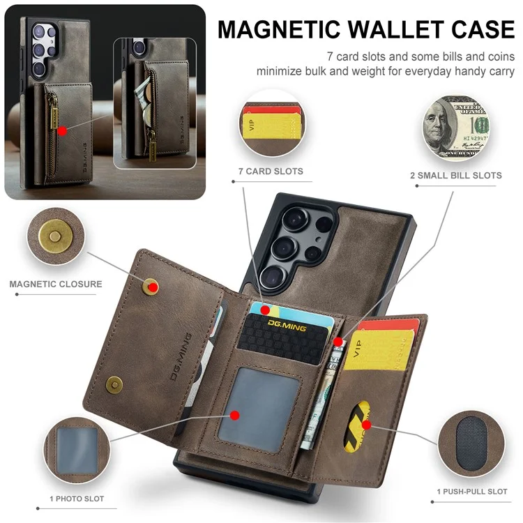 DG.MING M5 Series For Samsung Galaxy S24+ Wallet Case 2-in-1 Detachable Leather Phone Cover - Coffee
