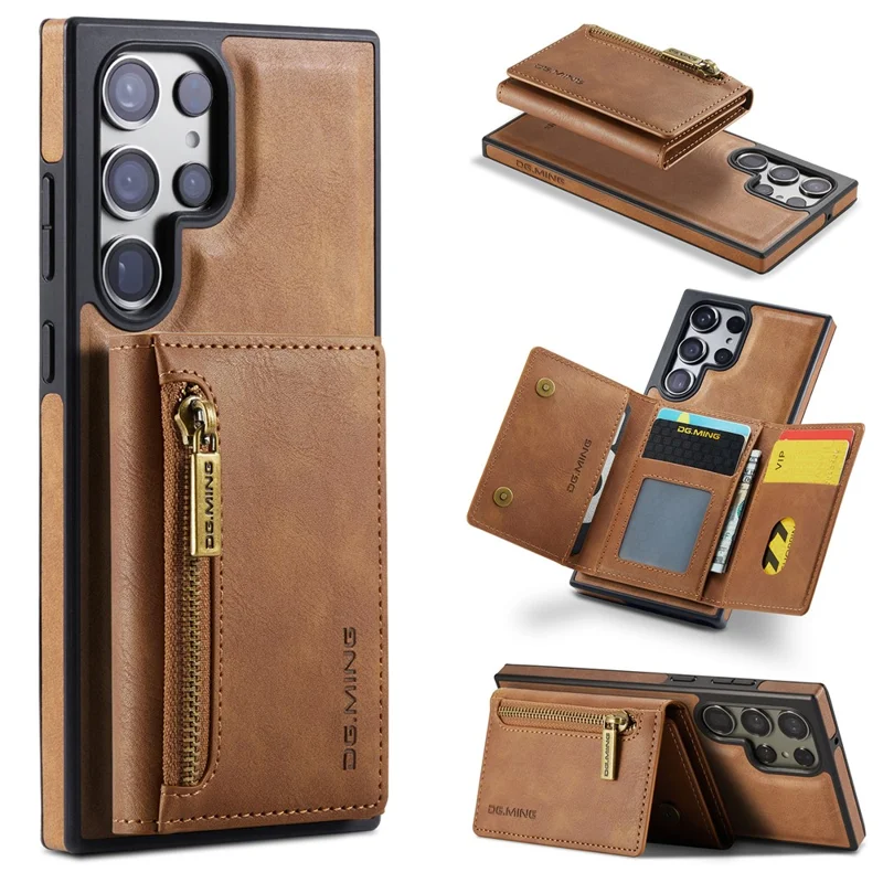 DG.MING M5 Series For Samsung Galaxy S24 Ultra Case Kickstand Leather Phone Back Cover - Brown