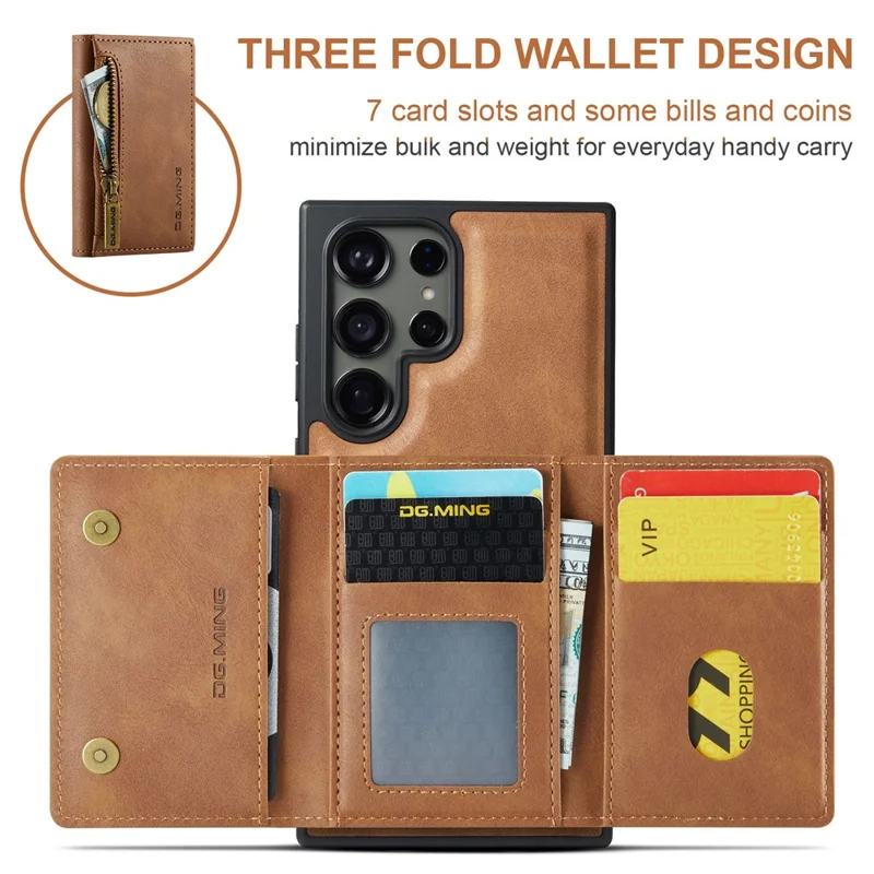 DG.MING M5 Series For Samsung Galaxy S24 Ultra Case Kickstand Leather Phone Back Cover - Brown