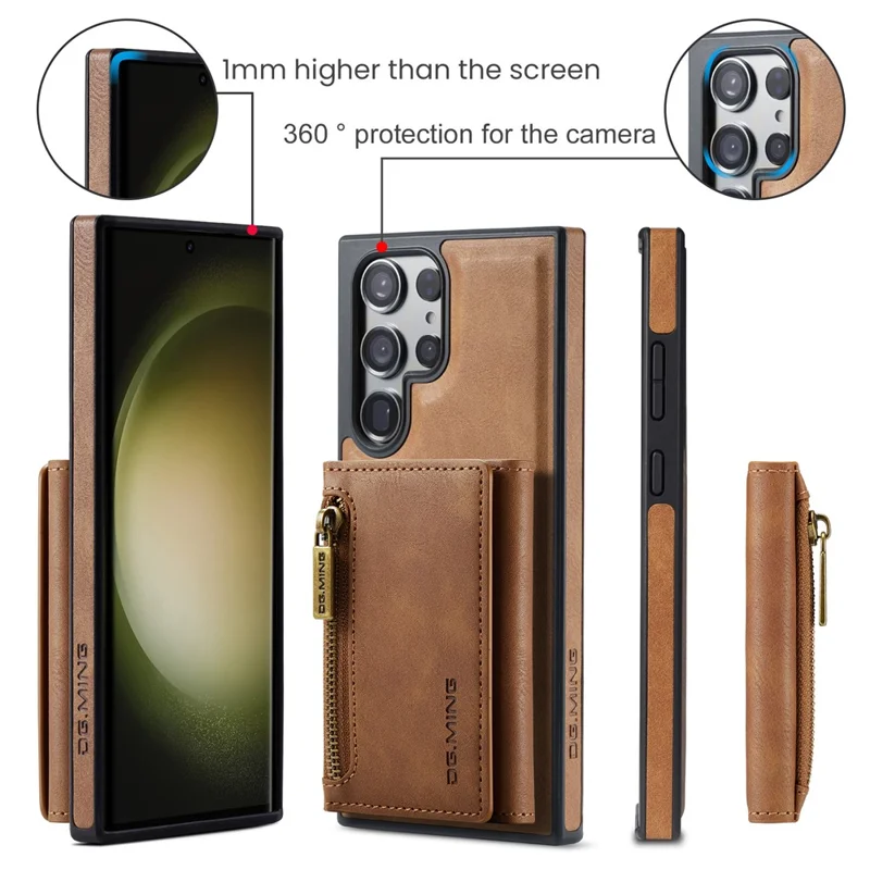 DG.MING M5 Series For Samsung Galaxy S24 Ultra Case Kickstand Leather Phone Back Cover - Brown