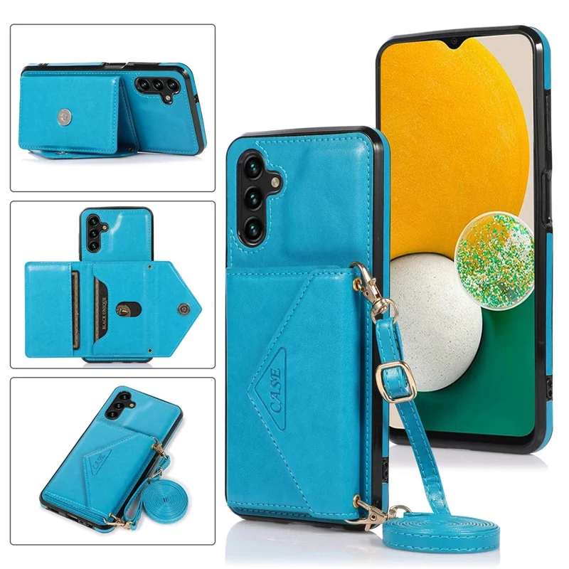 For Samsung Galaxy A05s 4G Case Card Holder Kickstand PU Leather+TPU Cover with Shoulder Strap - Blue