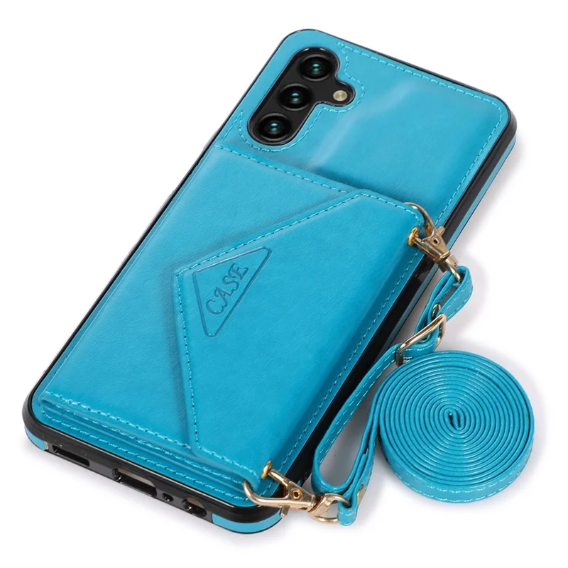 For Samsung Galaxy A05s 4G Case Card Holder Kickstand PU Leather+TPU Cover with Shoulder Strap - Blue