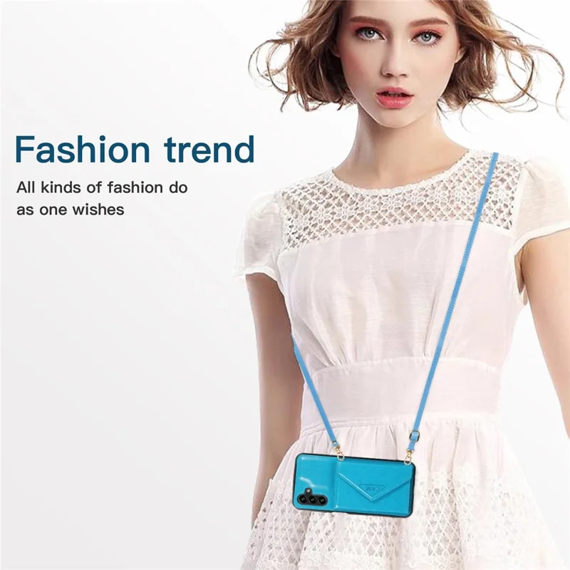 For Samsung Galaxy A05s 4G Case Card Holder Kickstand PU Leather+TPU Cover with Shoulder Strap - Blue