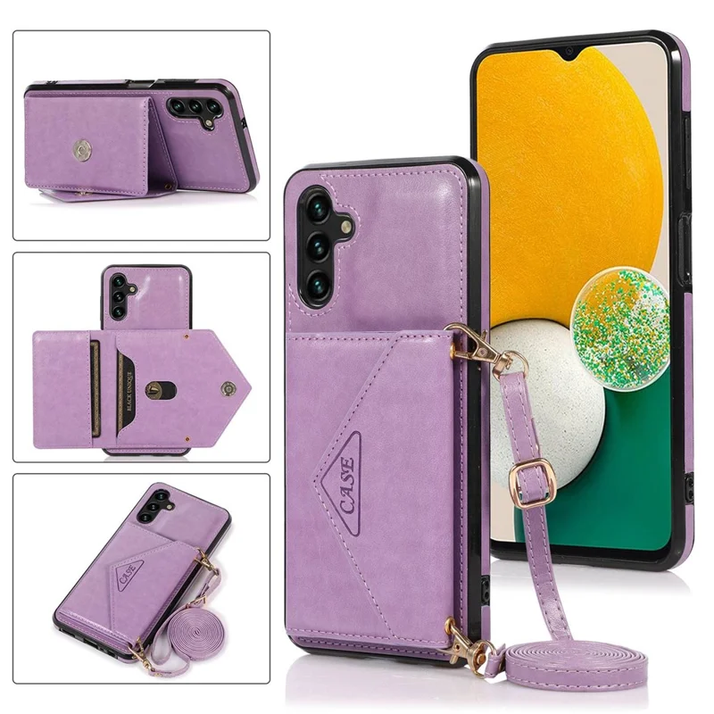 For Samsung Galaxy A05s 4G Case Card Holder Kickstand PU Leather+TPU Cover with Shoulder Strap - Purple