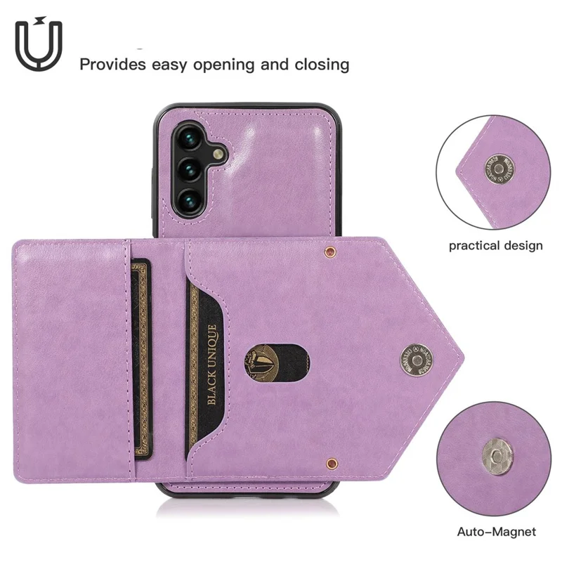 For Samsung Galaxy A05s 4G Case Card Holder Kickstand PU Leather+TPU Cover with Shoulder Strap - Purple