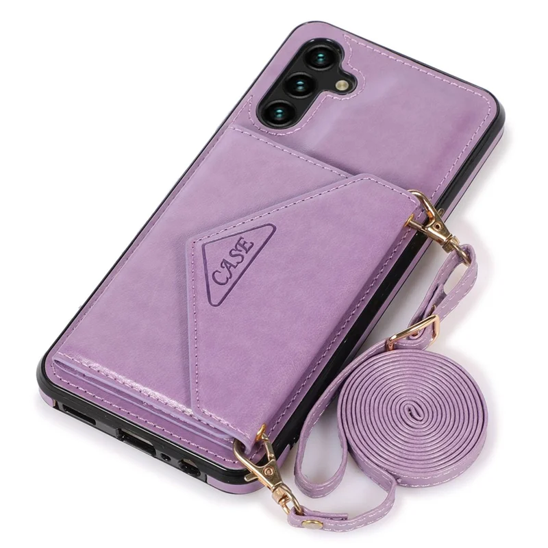 For Samsung Galaxy A05s 4G Case Card Holder Kickstand PU Leather+TPU Cover with Shoulder Strap - Purple