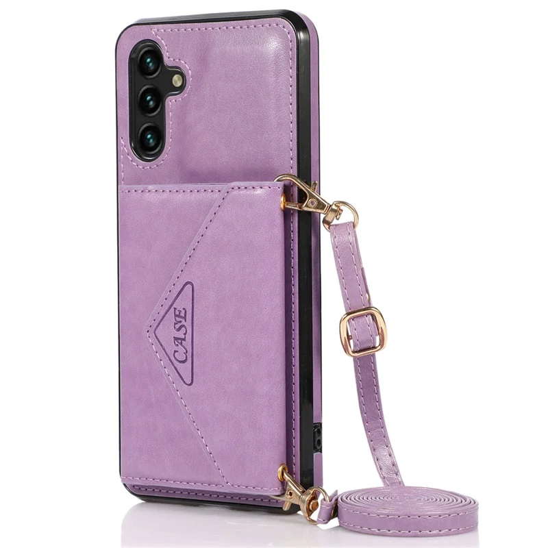 For Samsung Galaxy A05s 4G Case Card Holder Kickstand PU Leather+TPU Cover with Shoulder Strap - Purple