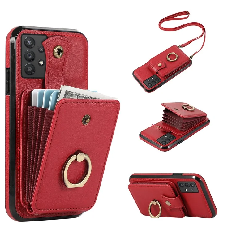 TPU+PU Leather Phone Cover for Samsung Galaxy A32 5G / M32 5G Case Card Holder Kickstand Shell - Red