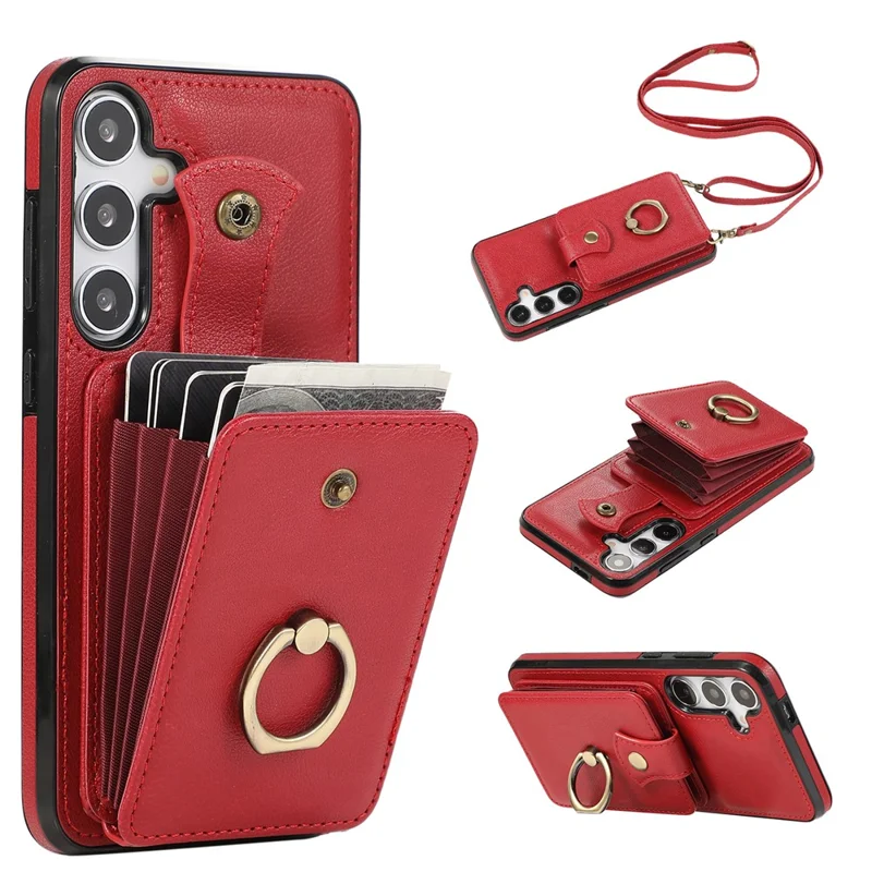 For Samsung Galaxy A14 5G / 4G Case Buckle Design Kickstand TPU+PU Leather Phone Cover - Red