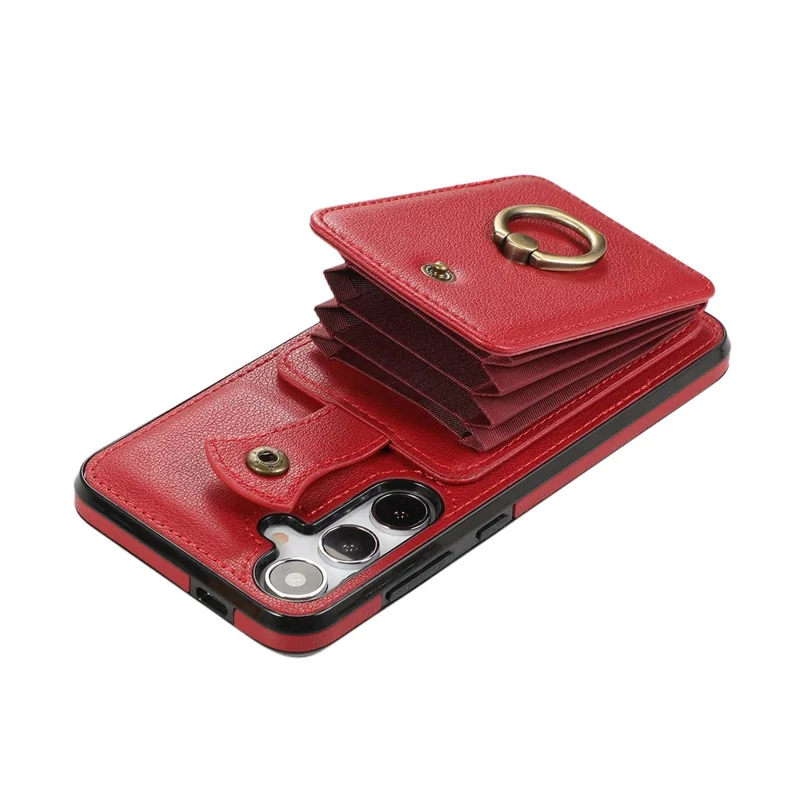 For Samsung Galaxy A14 5G / 4G Case Buckle Design Kickstand TPU+PU Leather Phone Cover - Red
