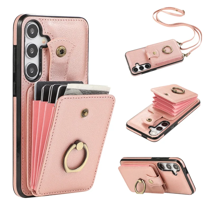 For Samsung Galaxy A34 5G Mobile Case Shoulder Phone Pouch Kickstand TPU+PU Leather Shell - Rose Gold