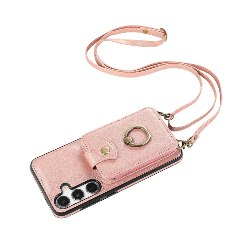 For Samsung Galaxy A34 5G Mobile Case Shoulder Phone Pouch Kickstand TPU+PU Leather Shell - Rose Gold