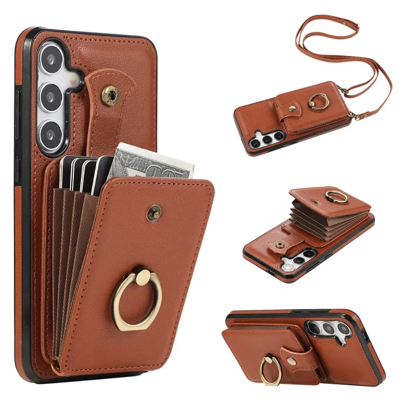 For Samsung Galaxy S23 FE TPU+PU Leather Phone Case Card Holder Kickstand Phone Cover - Brown