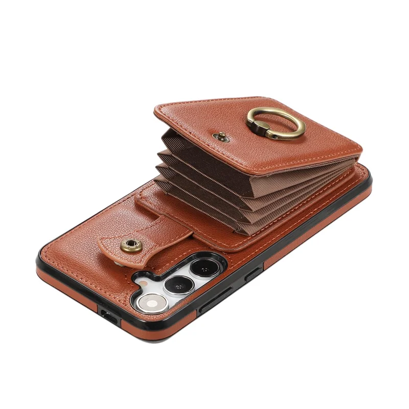 For Samsung Galaxy S23 FE TPU+PU Leather Phone Case Card Holder Kickstand Phone Cover - Brown