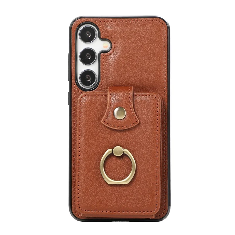 For Samsung Galaxy S24 Dustproof TPU+PU Leather Phone Cover Card Holder Kickstand Mobile Phone Case - Brown