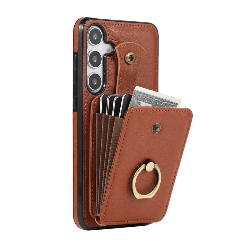 For Samsung Galaxy S24 Dustproof TPU+PU Leather Phone Cover Card Holder Kickstand Mobile Phone Case - Brown