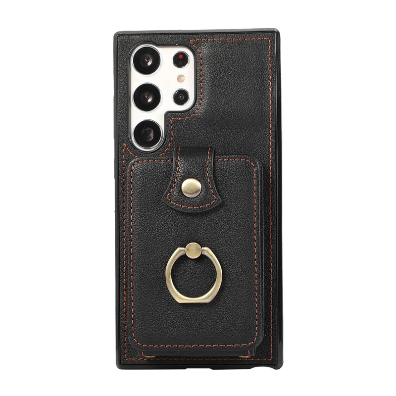For Samsung Galaxy S23 Ultra Case Kickstand Slim-Fit TPU+PU Leather Phone Shell - Black