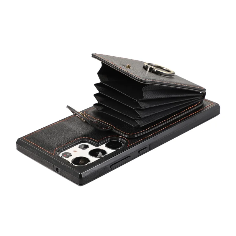 For Samsung Galaxy S23 Ultra Case Kickstand Slim-Fit TPU+PU Leather Phone Shell - Black