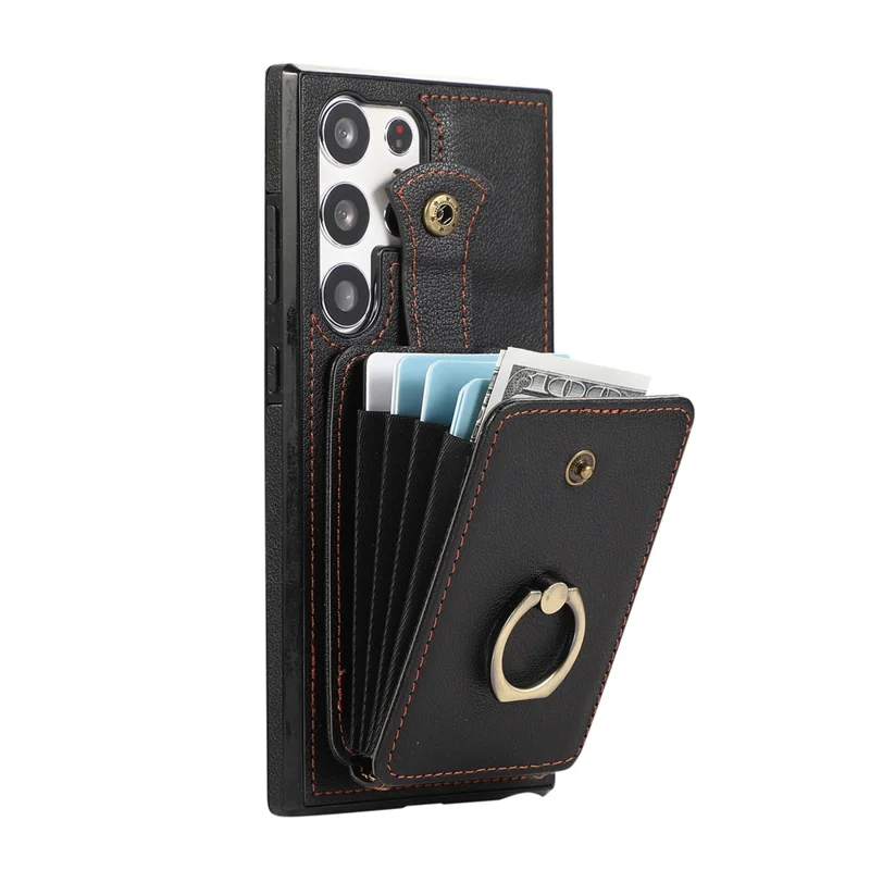 For Samsung Galaxy S23 Ultra Case Kickstand Slim-Fit TPU+PU Leather Phone Shell - Black