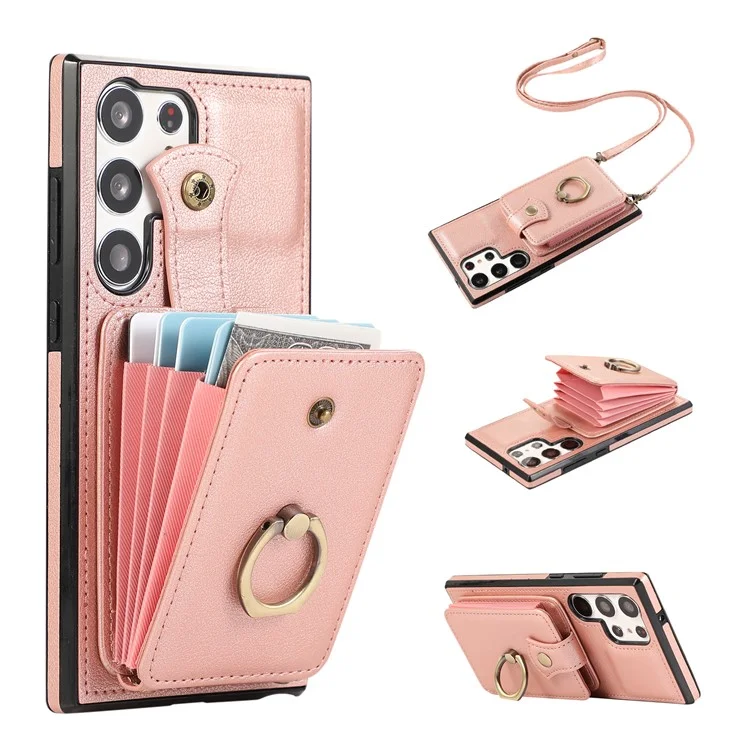 Funda para Samsung Galaxy S24 Ultra, funda de hombro, soporte para teléfono, TPU+PU Leather, cubierta para teléfono - Oro rosa