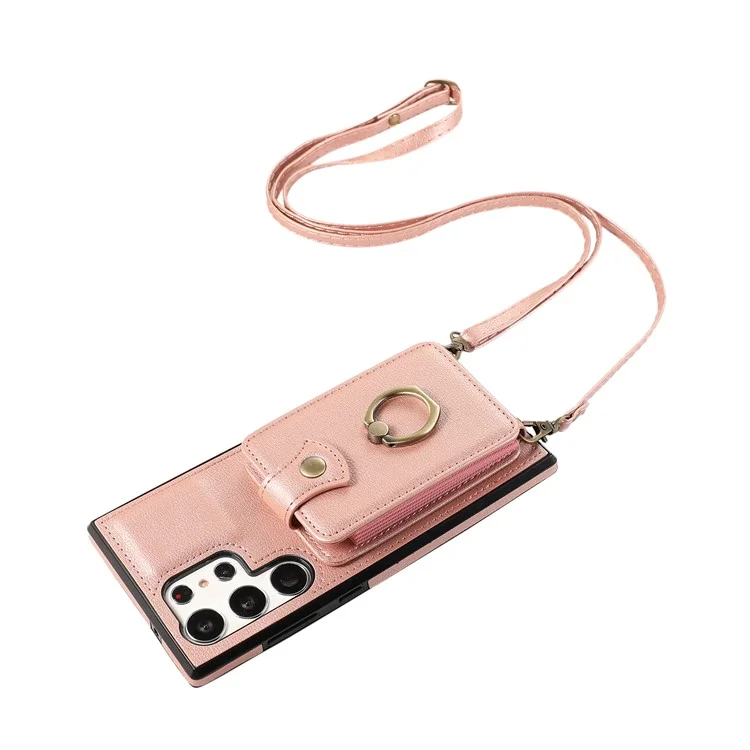 Funda para Samsung Galaxy S24 Ultra, funda de hombro, soporte para teléfono, TPU+PU Leather, cubierta para teléfono - Oro rosa