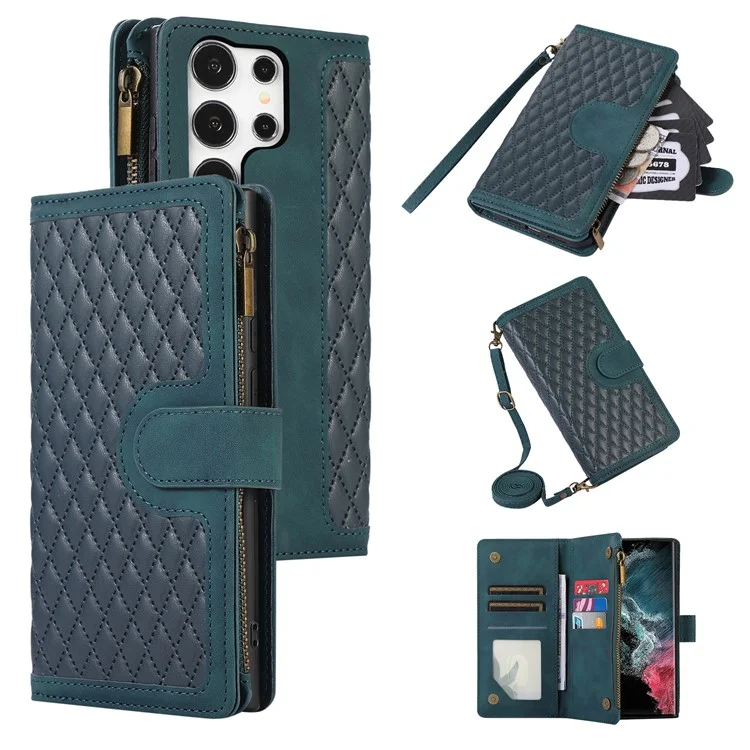 Para Samsung Galaxy S24 Ultra Case 9 Ranuras para Tarjetas Bolsillo con Cremallera Billetera Funda de Teléfono de Cuero con 2 Correas - Verde