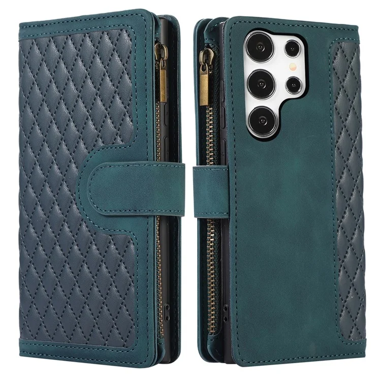 Para Samsung Galaxy S24 Ultra Case 9 Ranuras para Tarjetas Bolsillo con Cremallera Billetera Funda de Teléfono de Cuero con 2 Correas - Verde