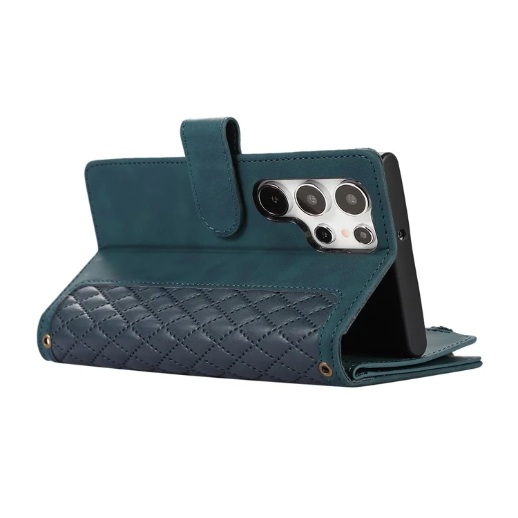 Para Samsung Galaxy S24 Ultra Case 9 Ranuras para Tarjetas Bolsillo con Cremallera Billetera Funda de Teléfono de Cuero con 2 Correas - Verde
