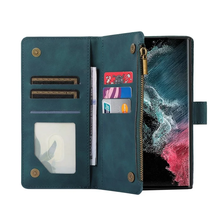 Para Samsung Galaxy S24 Ultra Case 9 Ranuras para Tarjetas Bolsillo con Cremallera Billetera Funda de Teléfono de Cuero con 2 Correas - Verde
