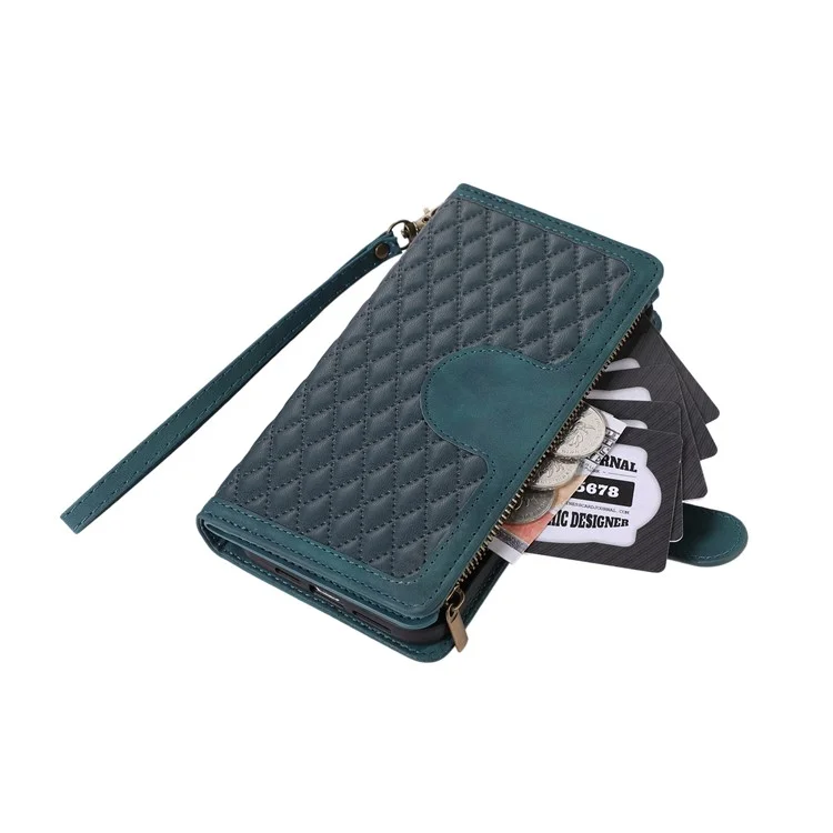 Para Samsung Galaxy S24 Ultra Case 9 Ranuras para Tarjetas Bolsillo con Cremallera Billetera Funda de Teléfono de Cuero con 2 Correas - Verde