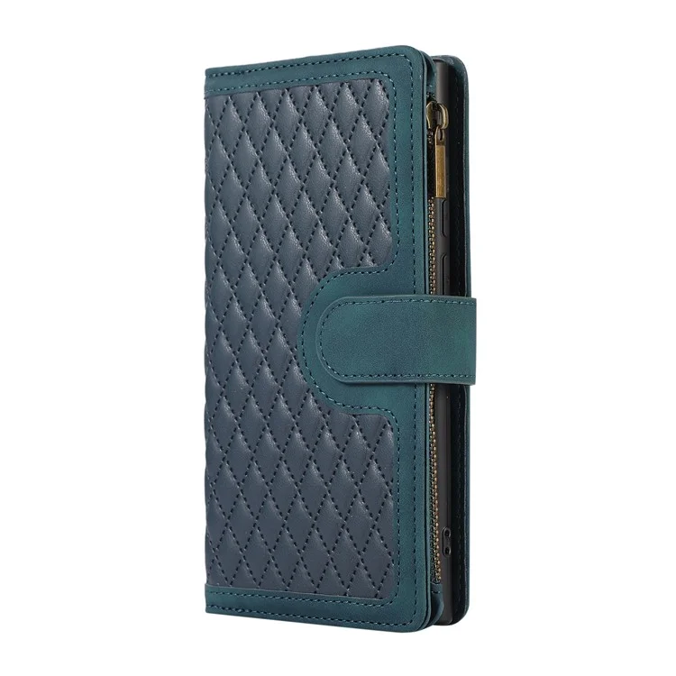 Para Samsung Galaxy S24 Ultra Case 9 Ranuras para Tarjetas Bolsillo con Cremallera Billetera Funda de Teléfono de Cuero con 2 Correas - Verde