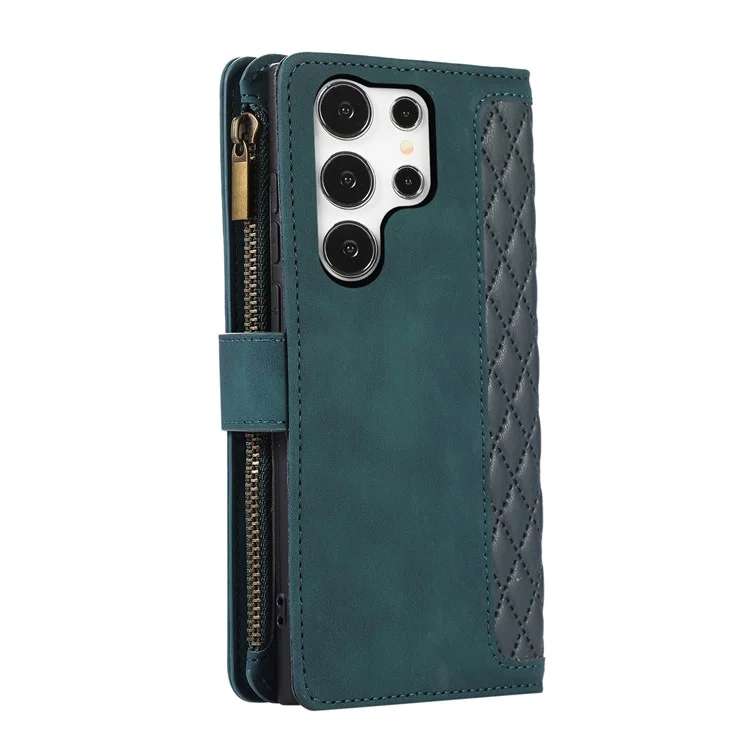 Para Samsung Galaxy S24 Ultra Case 9 Ranuras para Tarjetas Bolsillo con Cremallera Billetera Funda de Teléfono de Cuero con 2 Correas - Verde