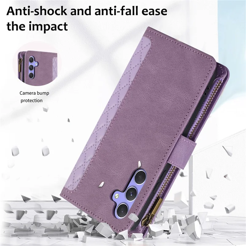 For Samsung Galaxy S24 Cell Phone Case 9 Card Slots Zipper Wallet Leather Stand Cover - Purple