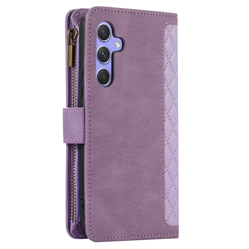 For Samsung Galaxy S24 Cell Phone Case 9 Card Slots Zipper Wallet Leather Stand Cover - Purple