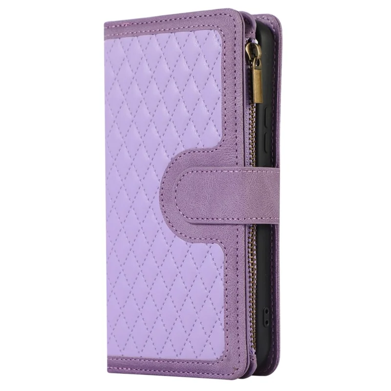 For Samsung Galaxy S24 Cell Phone Case 9 Card Slots Zipper Wallet Leather Stand Cover - Purple