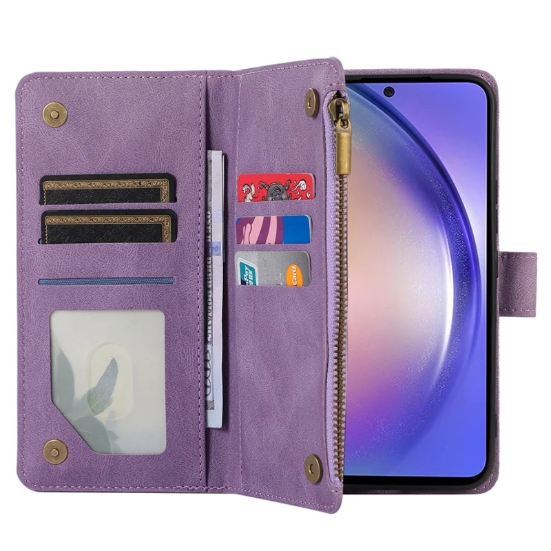 For Samsung Galaxy S24 Cell Phone Case 9 Card Slots Zipper Wallet Leather Stand Cover - Purple