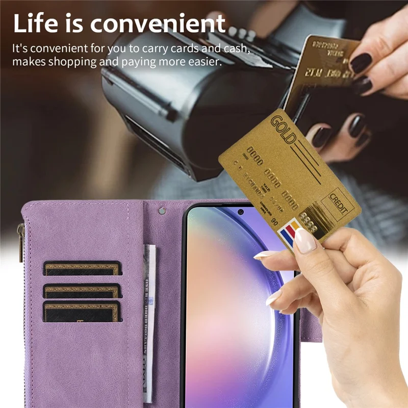 For Samsung Galaxy S24 Cell Phone Case 9 Card Slots Zipper Wallet Leather Stand Cover - Purple