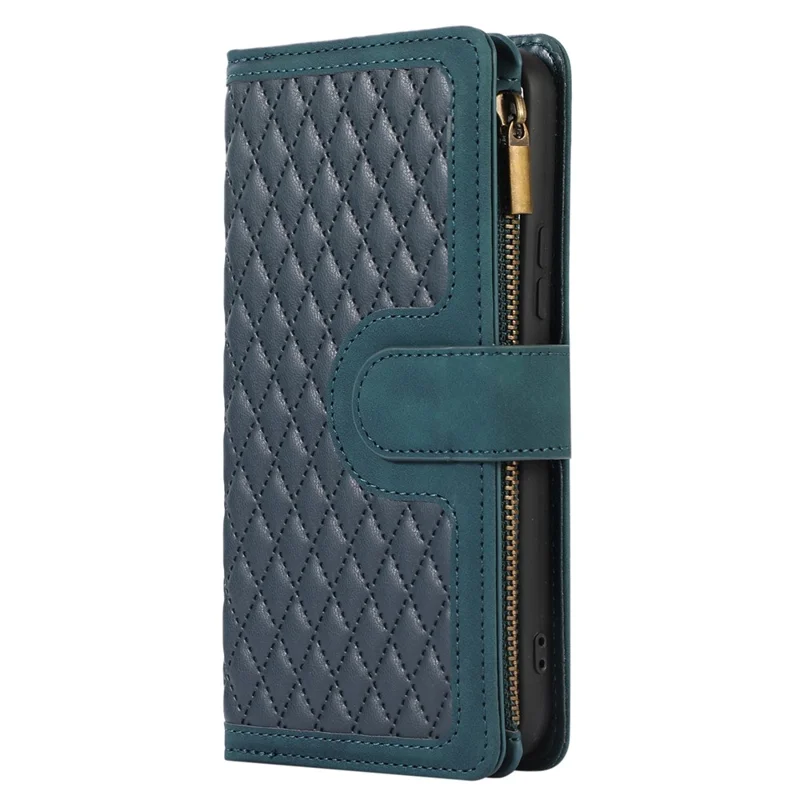 For Samsung Galaxy S24 Cell Phone Case 9 Card Slots Zipper Wallet Leather Stand Cover - Green