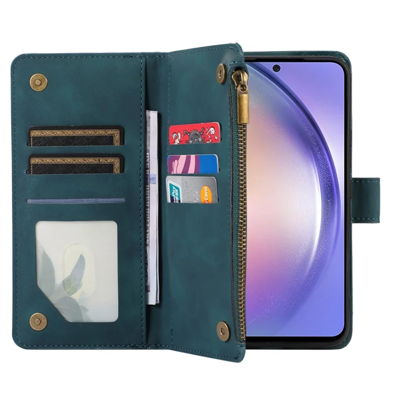 For Samsung Galaxy S24 Cell Phone Case 9 Card Slots Zipper Wallet Leather Stand Cover - Green
