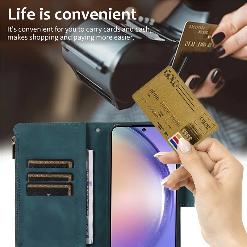 For Samsung Galaxy S24+ Cell Phone Case Imprinted Zipper Wallet Leather Anti-drop Shell - Green