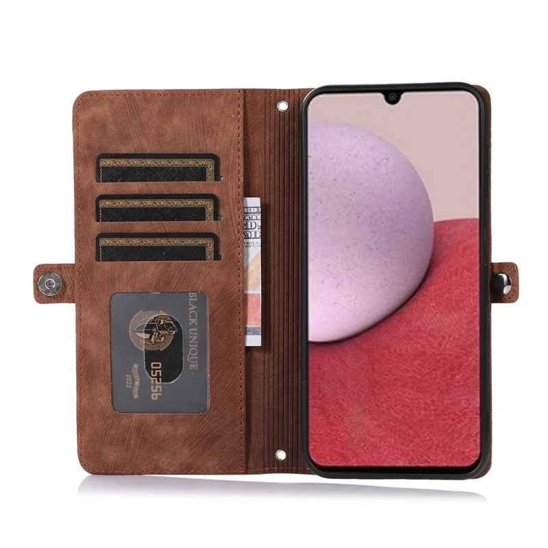 For Samsung Galaxy A15 5G Case Zipper Pocket 9 Card Slots PU Leather Phone Cover with Wrist Strap - Brown
