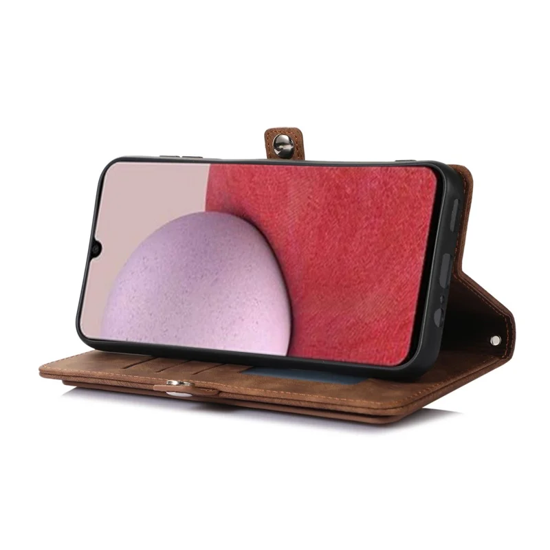 For Samsung Galaxy A15 5G Case Zipper Pocket 9 Card Slots PU Leather Phone Cover with Wrist Strap - Brown