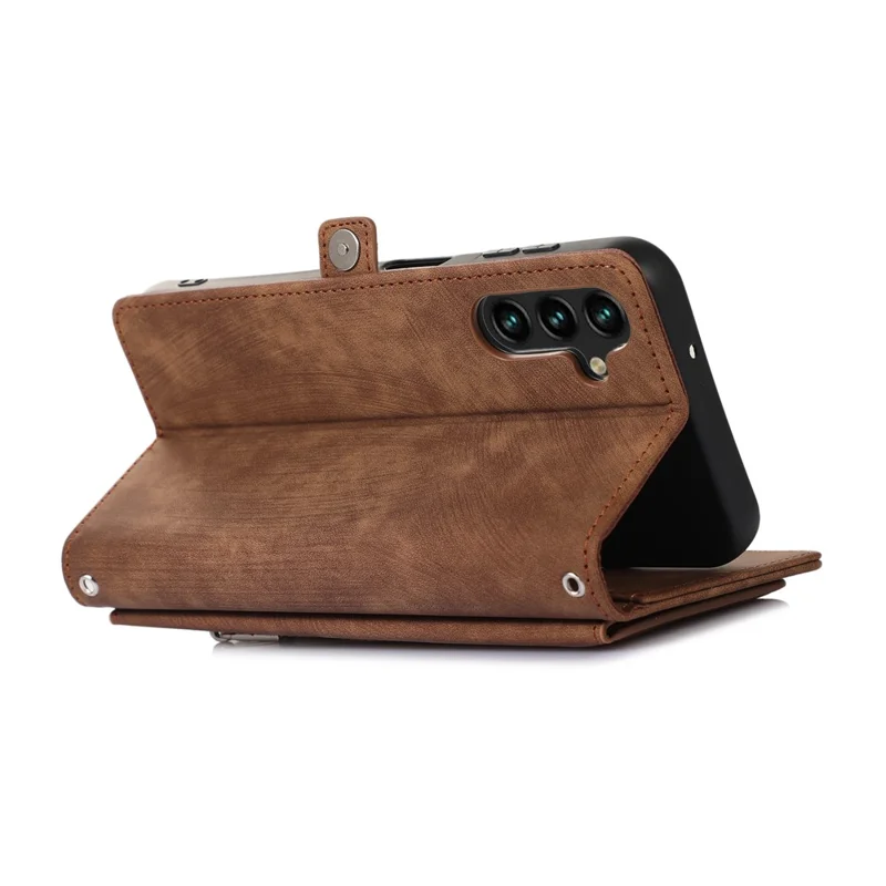 For Samsung Galaxy A15 5G Case Zipper Pocket 9 Card Slots PU Leather Phone Cover with Wrist Strap - Brown