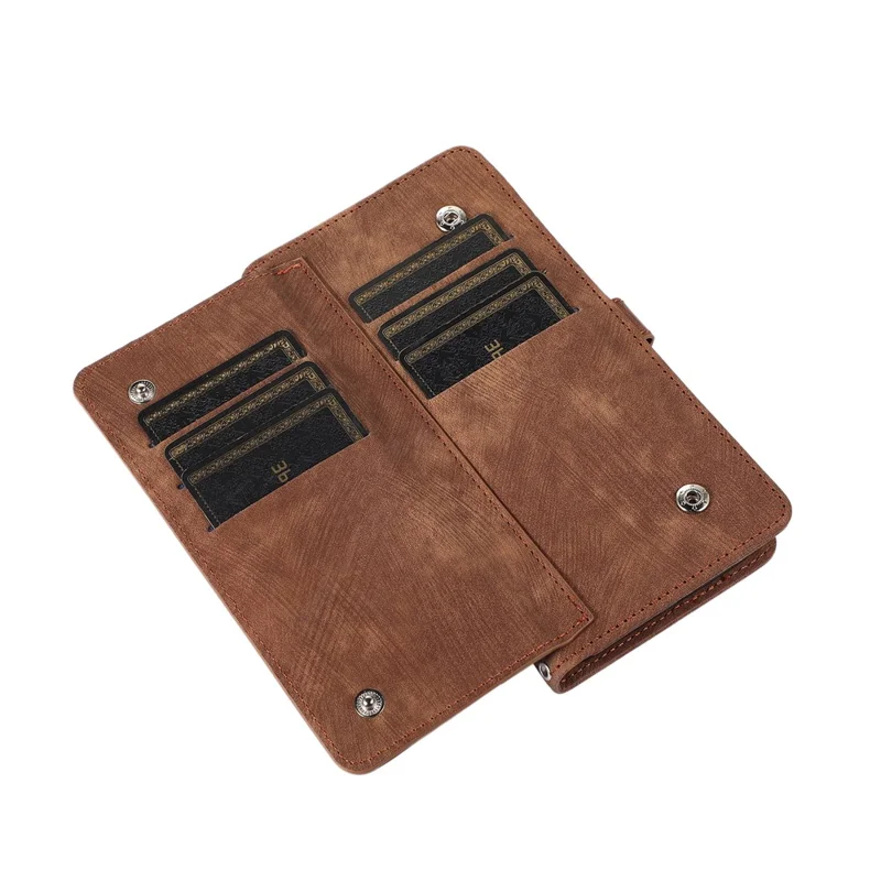 For Samsung Galaxy A15 5G Case Zipper Pocket 9 Card Slots PU Leather Phone Cover with Wrist Strap - Brown