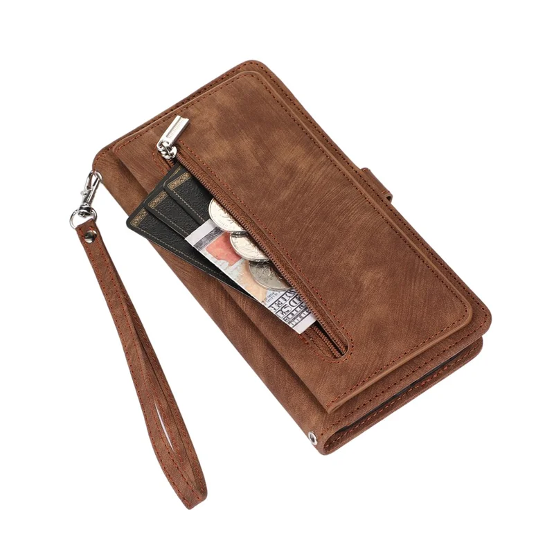For Samsung Galaxy A15 5G Case Zipper Pocket 9 Card Slots PU Leather Phone Cover with Wrist Strap - Brown