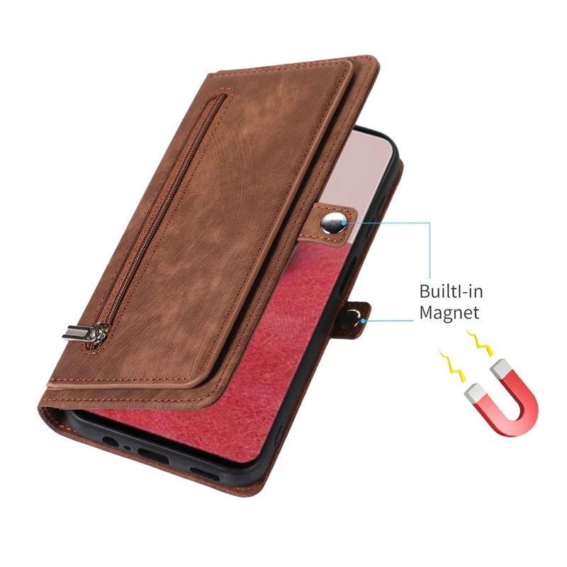 For Samsung Galaxy A15 5G Case Zipper Pocket 9 Card Slots PU Leather Phone Cover with Wrist Strap - Brown