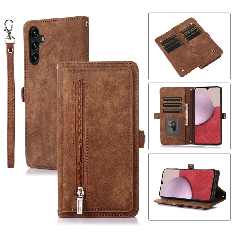 For Samsung Galaxy A15 5G Case Zipper Pocket 9 Card Slots PU Leather Phone Cover with Wrist Strap - Brown