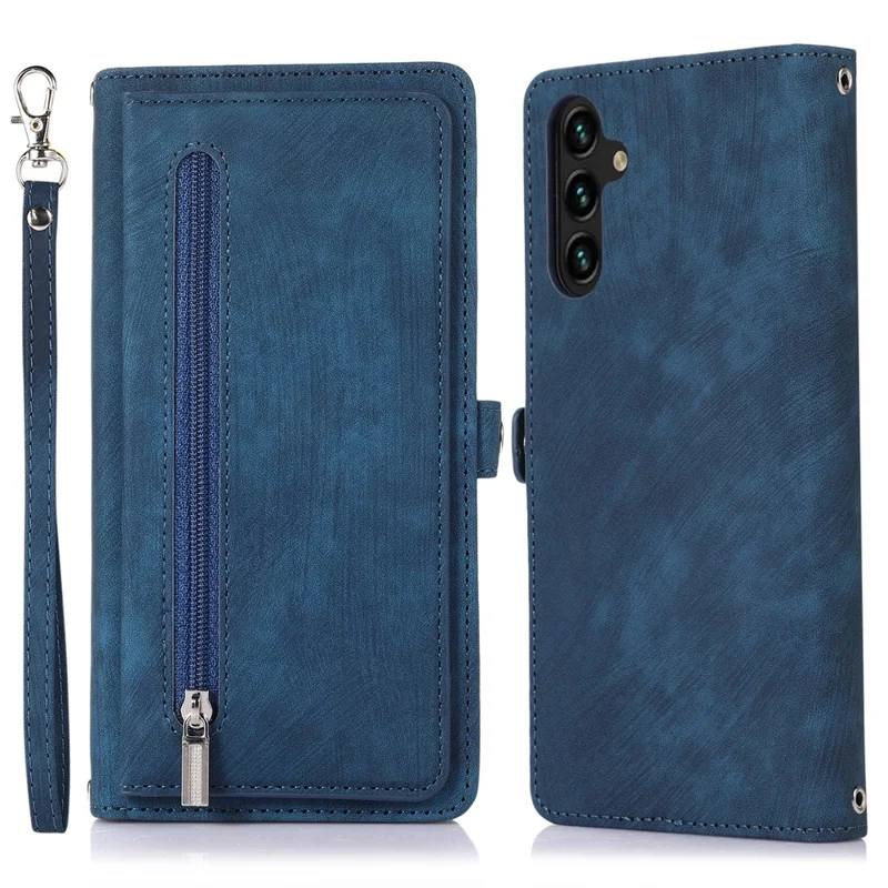 For Samsung Galaxy A15 5G Case Zipper Pocket 9 Card Slots PU Leather Phone Cover with Wrist Strap - Blue